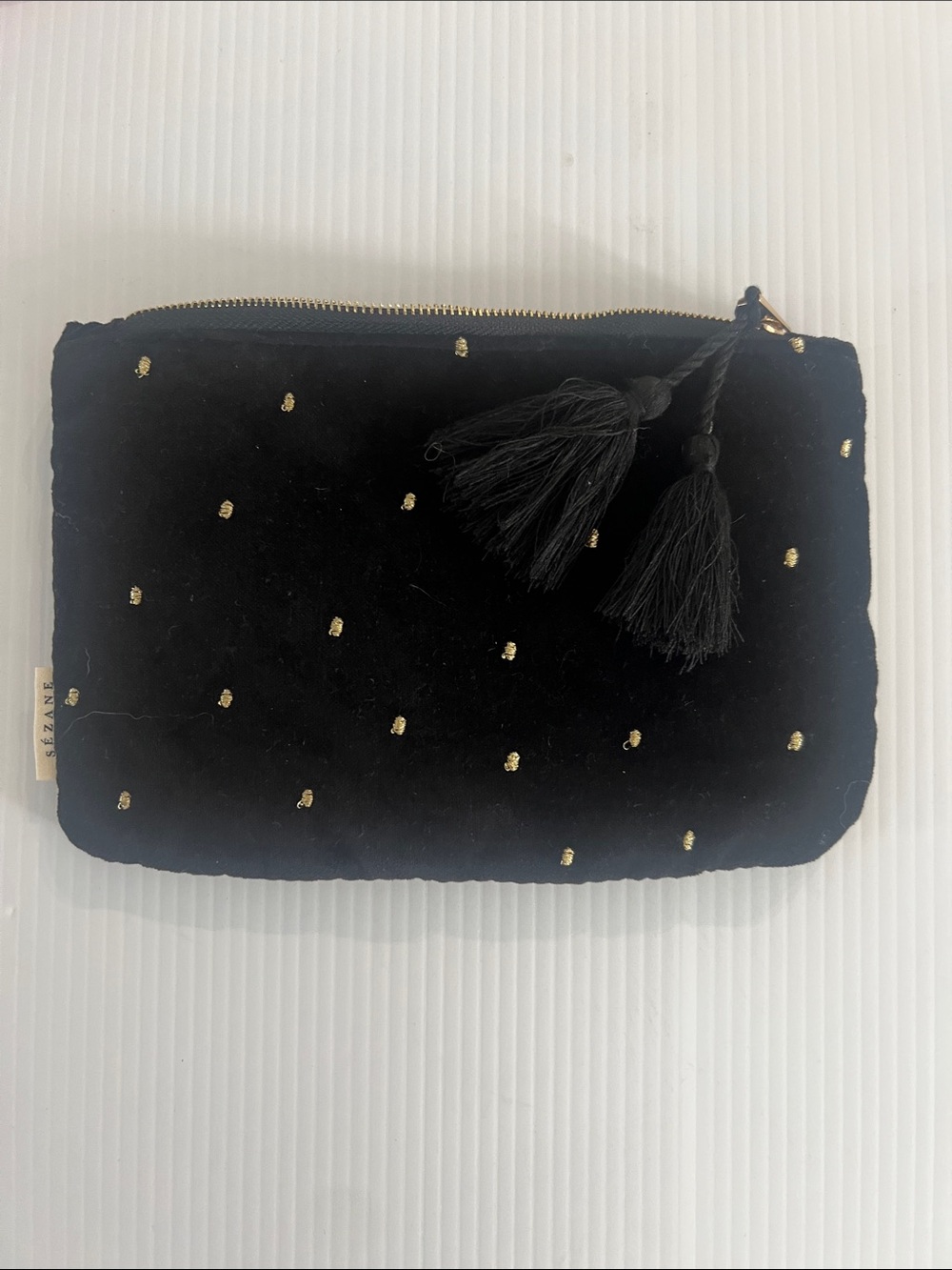 Sezane black Velvet Tassel Clutch with Gold Dot Embellishments